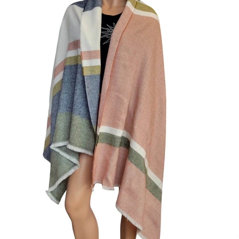 J. Crew NWT raw edge color block large scarf wrap blue white red green